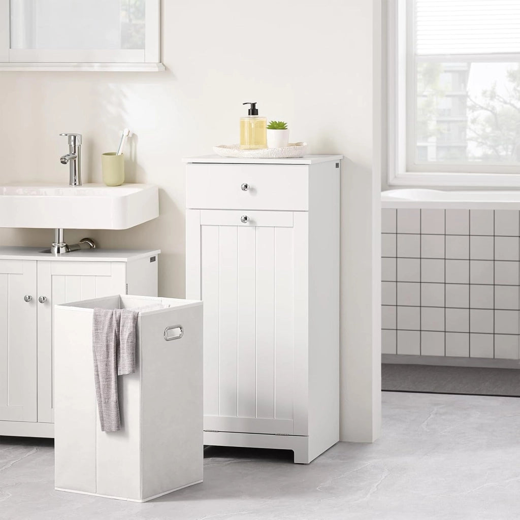 Mobiletto Bagno Salvaspazio con Cassetto e Cesto Portabiancheria Estraibile - Armadietto Stretto Verticale per Bagno Piccolo o Lavanderia - Mobile Bagno in MDF Bianco, L40×P38×H90 cm, BZR21-II-W