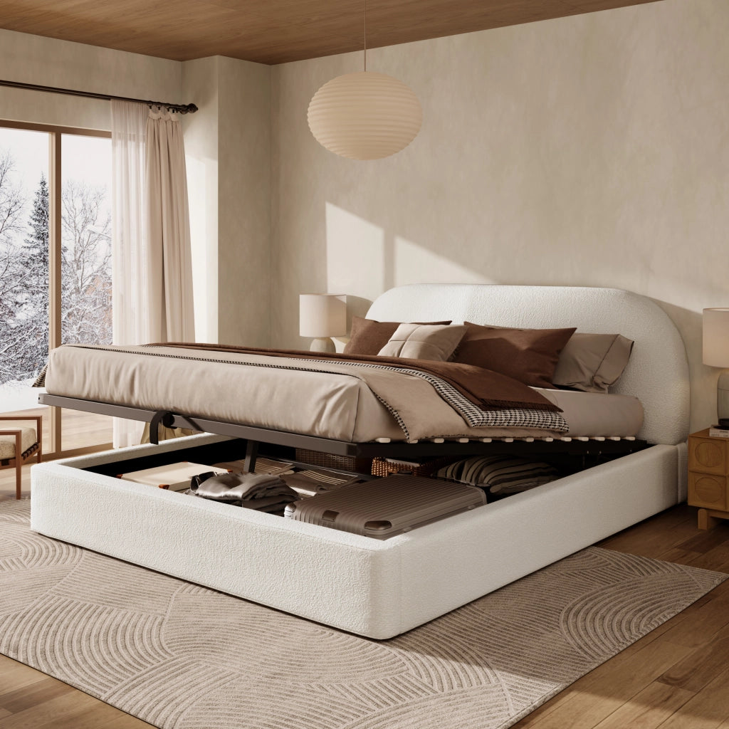 Letto matrimoniale imbottito 160 x 200 cm con contenitore idraulico, rete a doghe, testiera imbottita in Bouclé beige