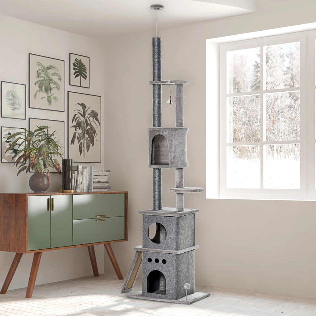 Torre tiragraffi per gatti con 6 livelli e 3 ripiani ¨C zephmum ¨C 225-255 cm regolabile in altezza grigio chiaro
