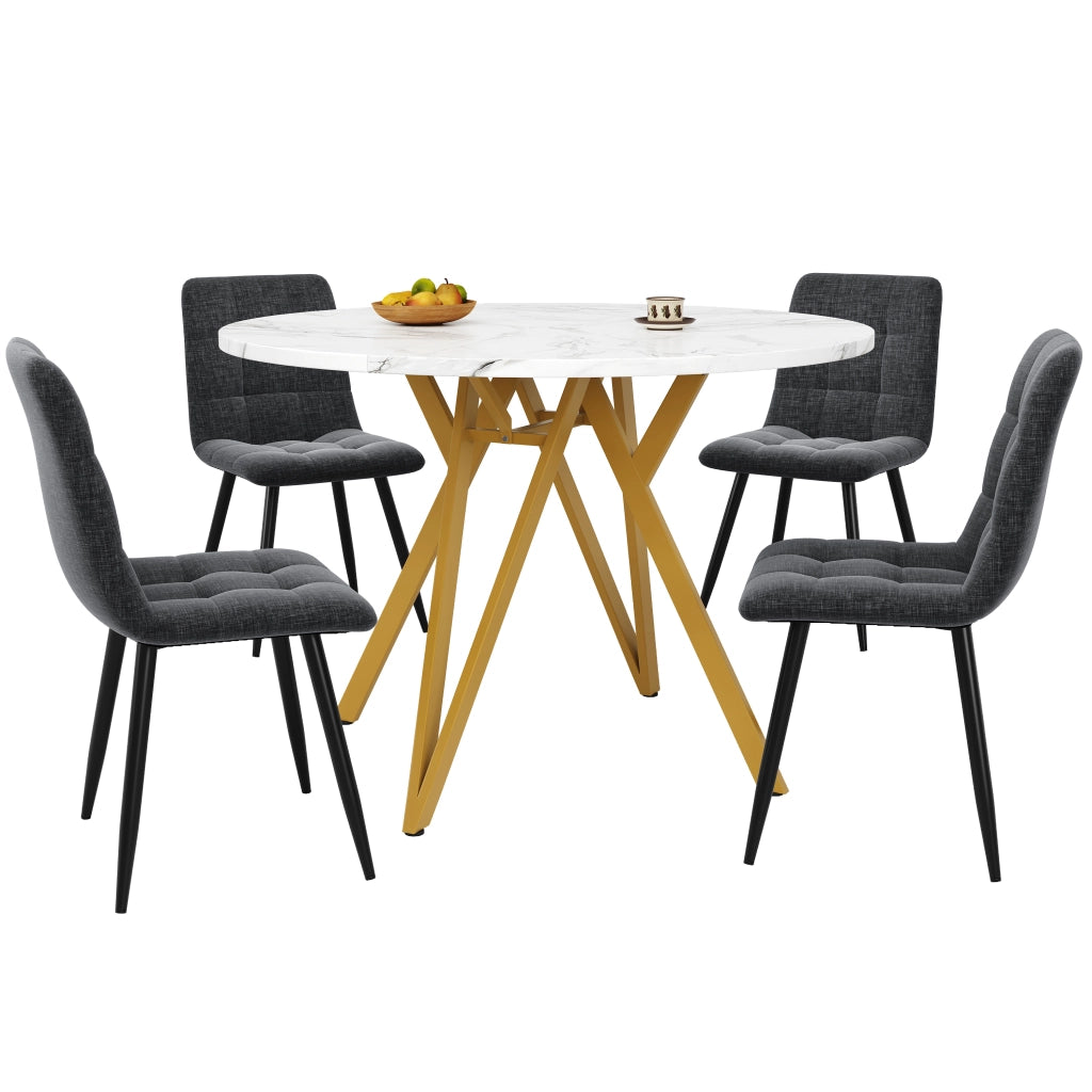 Tavolo da pranzo rotondo con 4 sedie, piano effetto marmo e gambe in metallo regolabili, per cucina, 100 × 100 × 76 cm