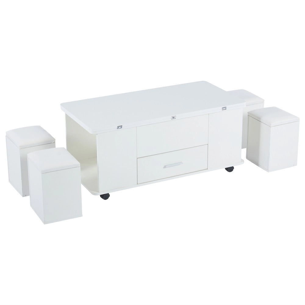 Tavolino da caff¨¨ 4 in 1 trasformabile ¨C Minimal ¨C bianco, con cassetti e 4 sgabelli