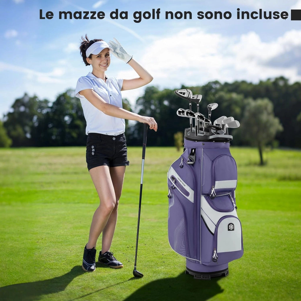 Borsa Carrello da Golf, Sacca da Golf con Serratura e Divisori a 14 Vie, 11 Tasche, Sacca Isolante, Tracolla Imbottita, Maniglie, Porta Ombrello e Cappuccio Antipioggia
