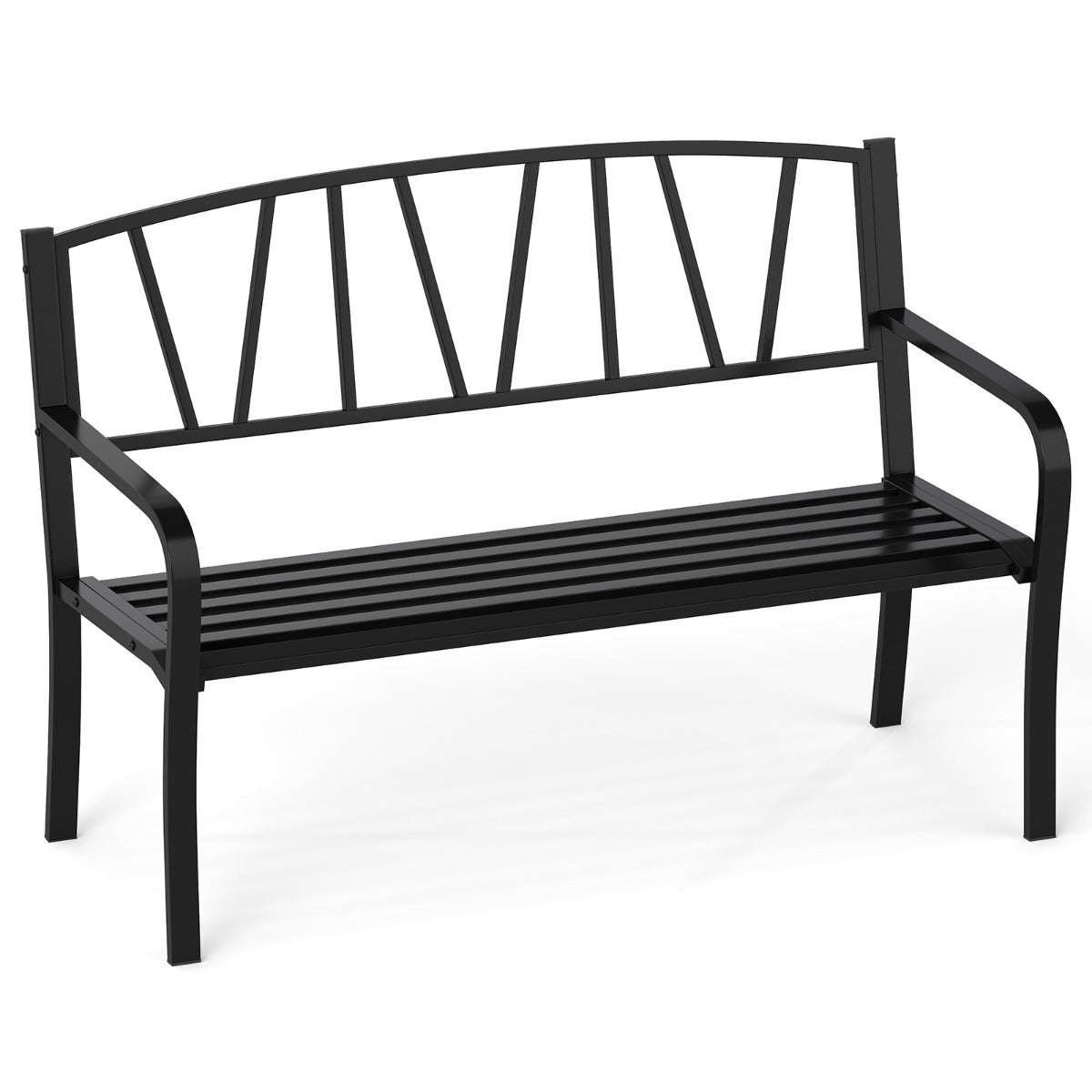 Panchina moderna con doghe con braccioli curvi e schienale minimalista, Panca metallica da patio da 128 cm Nero-Panchine