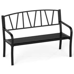 Panchina moderna con doghe con braccioli curvi e schienale minimalista, Panca metallica da patio da 128 cm Nero-Panchine