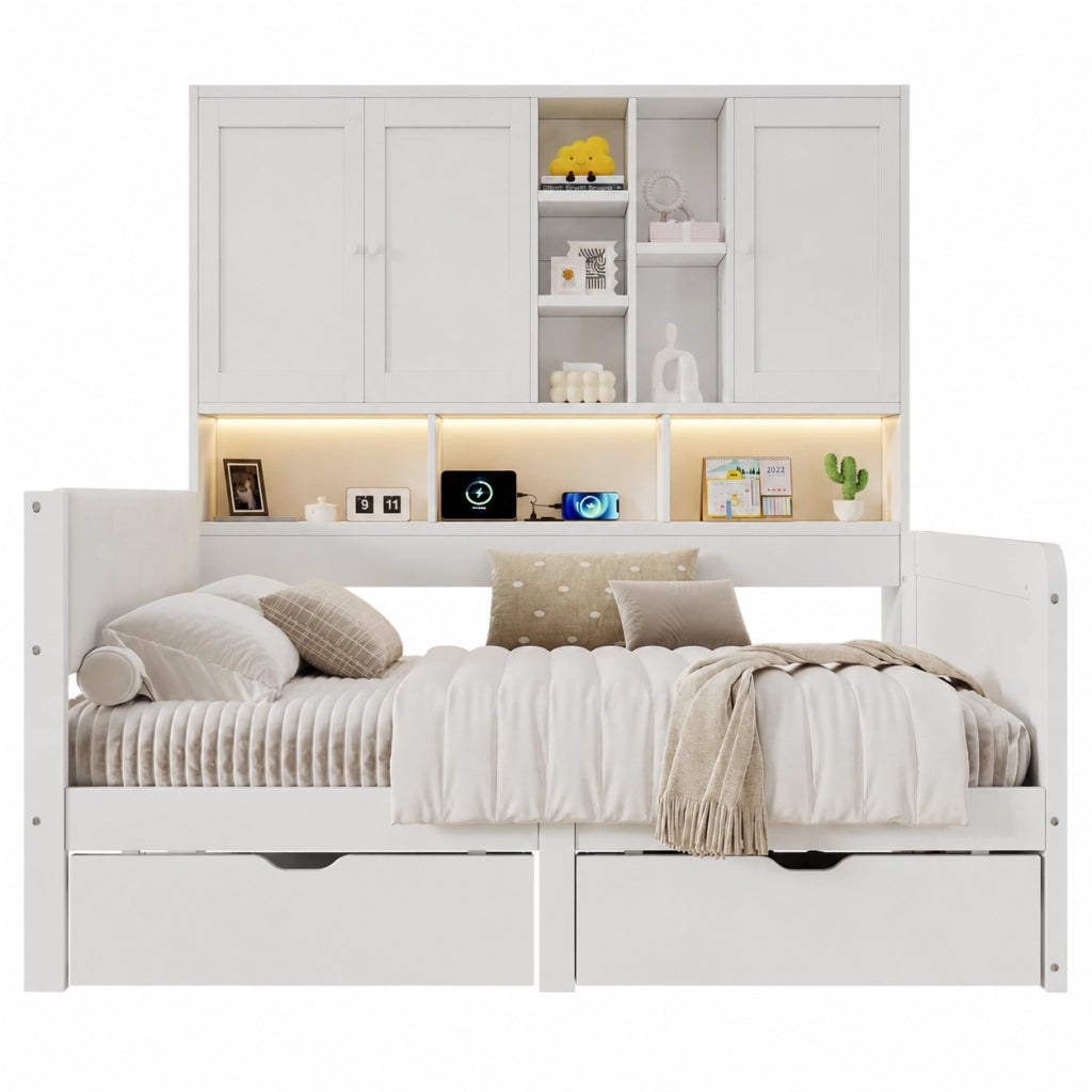 Letto singolo 90x200 con contenitore, LED, USB/USB-C e scaffali laterali in MDF bianco