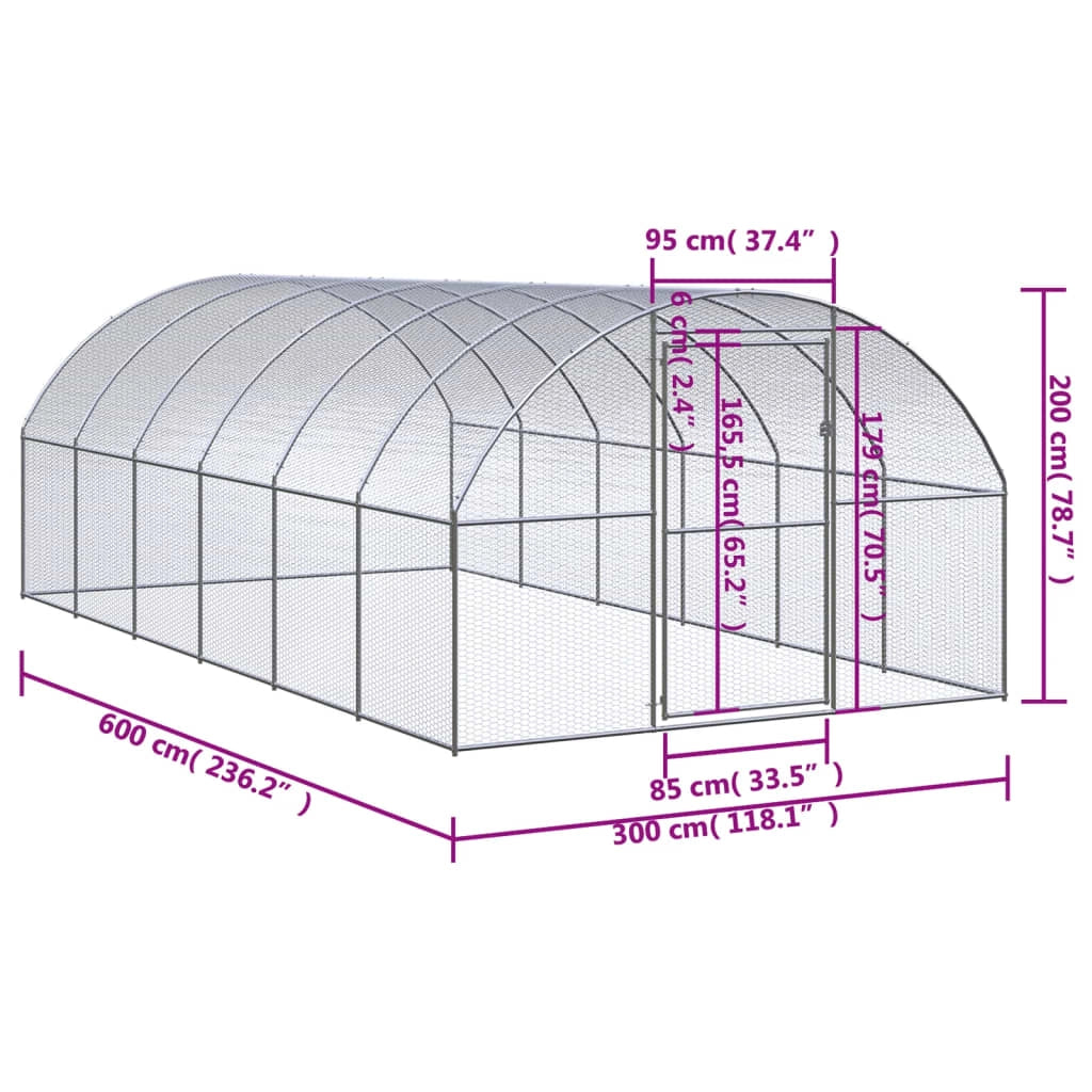 Pollaio/recinto/gabbia per polli da esterno 3 x 6 x 2 m acciaio zincato argento 02_0044015