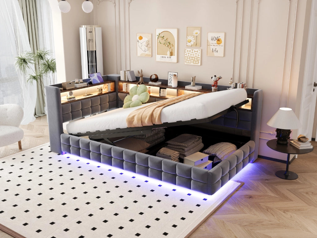 Divano letto multifunzionale in velluto grigio scuro 90x200 vano ripiano LED USB
