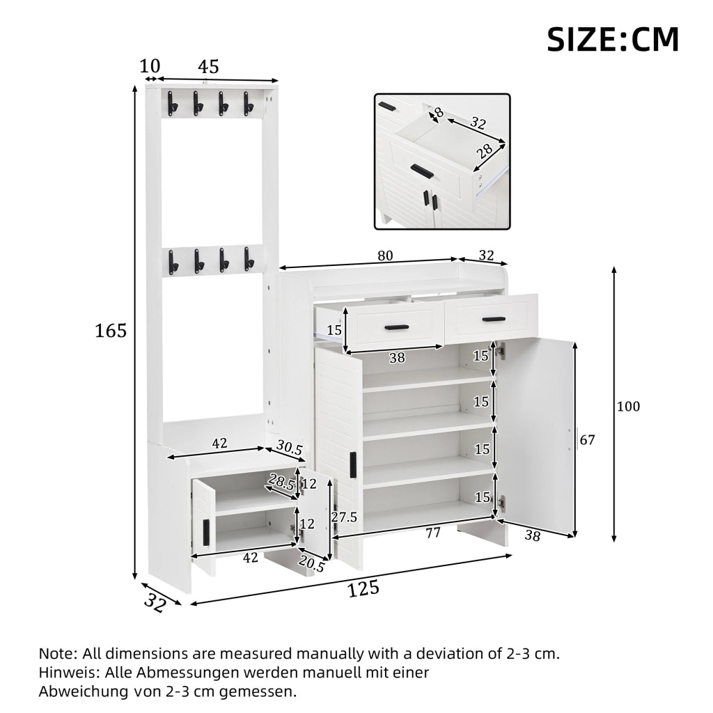 Mobile ingresso bianco 125 x 36 x 165 cm con 2 cassetti, 2 ante, 6 ripiani e 8 ganci