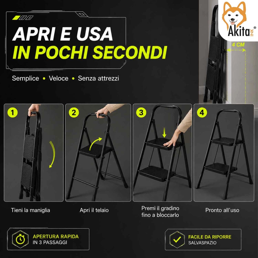 Akitaink Scaletta 2 Gradini Nera Acciaio Antiscivolo 150 Kg