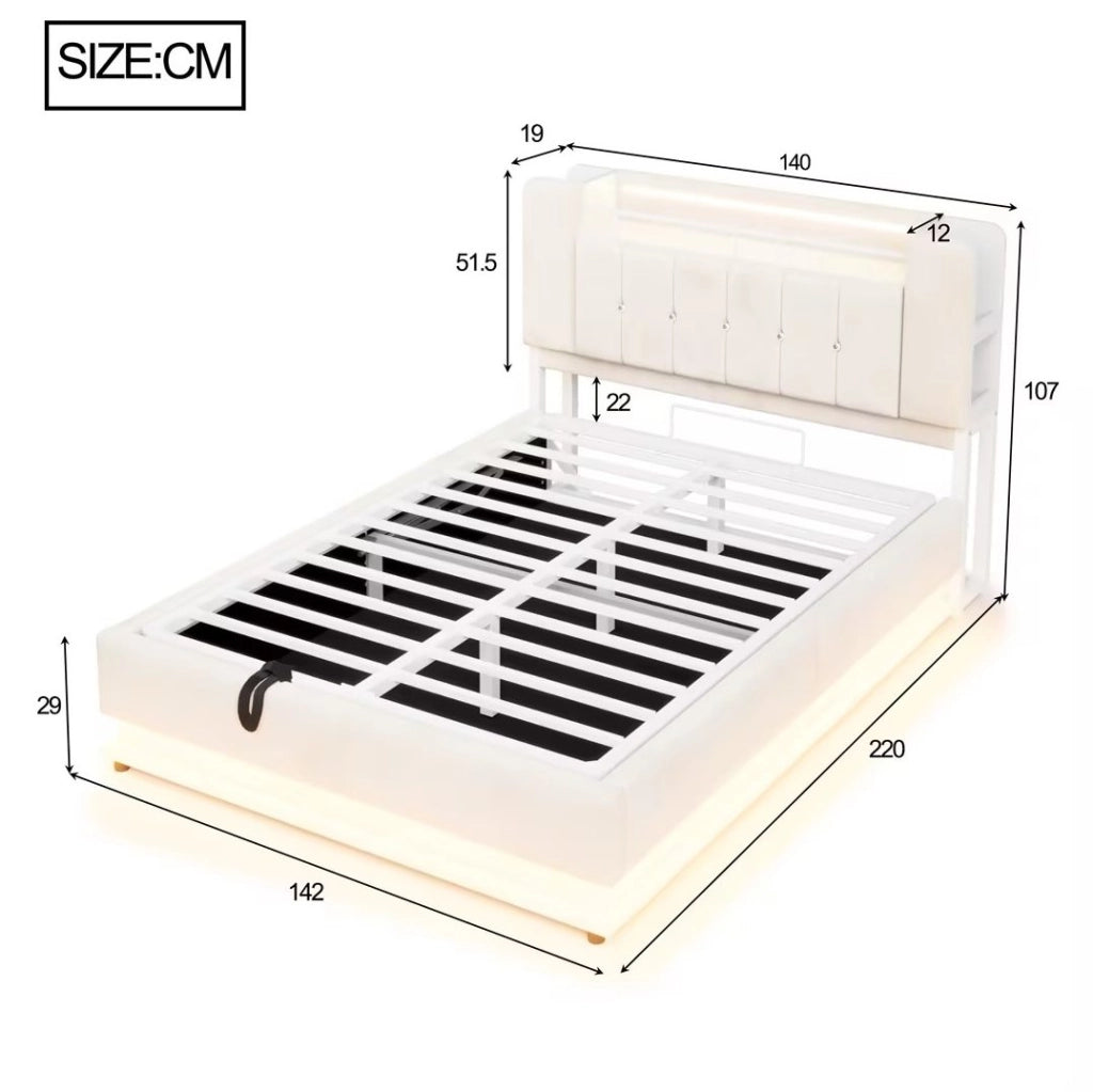 Letto imbottito 140x200 cm con LED; porte USB e vano contenitore idraulico; velluto beige