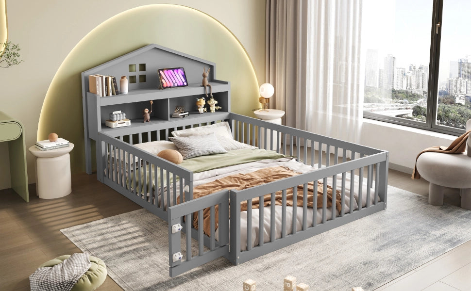 Letto per bambini grigio in legno massello con funzione casa 140x200 cm