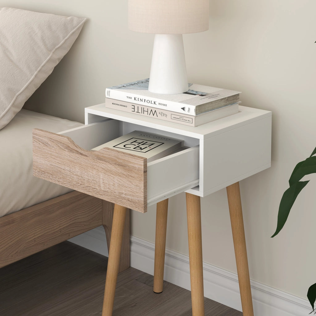 Comodino Östersund con Cassetto - Bianco / Effetto Rovere [en.casa]