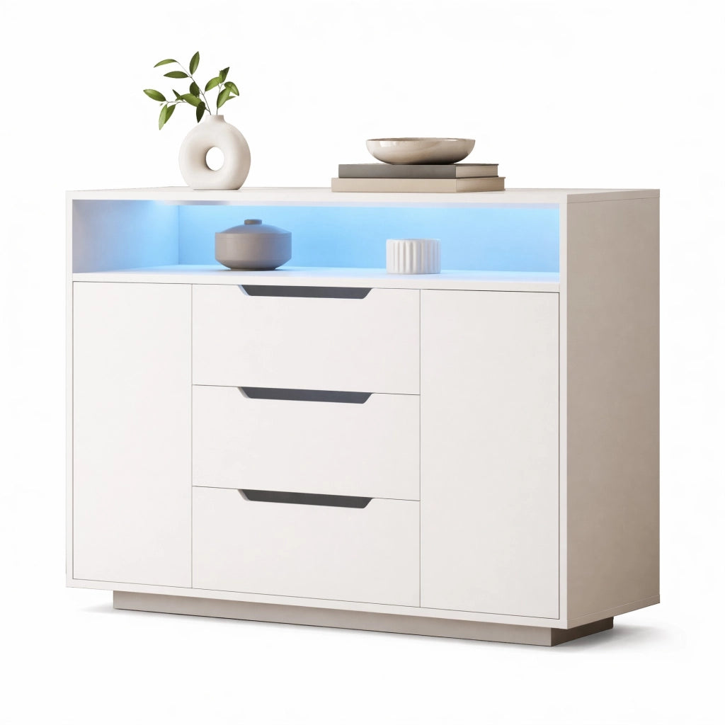 Madia bianca 120x40x85 cm con ripiano aperto; 3 cassetti; ante e luce LED