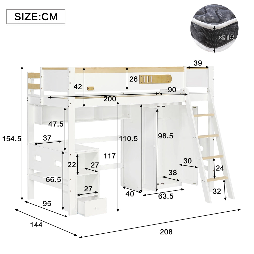 LETTO A CASTELLO con scrivania e armadio 90 x 200 cm bianco naturale