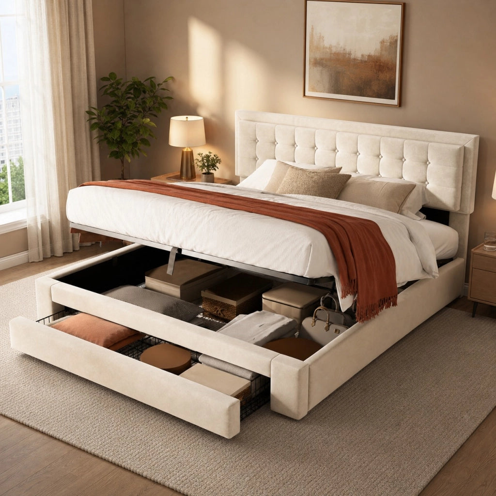 Letto matrimoniale 160x200 cm in velluto beige con contenitore e testiera regolabile