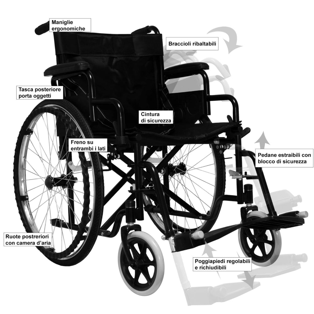 Sedia a Rotelle Pieghevole Leggera ad Autospinta,Carrozzina per Disabili ed Anziani con Braccioli Poggiapiedi Estraibili,Cintura di Sicurezza,Qualità Certificata,63 x 87 x 104 cm,Nero