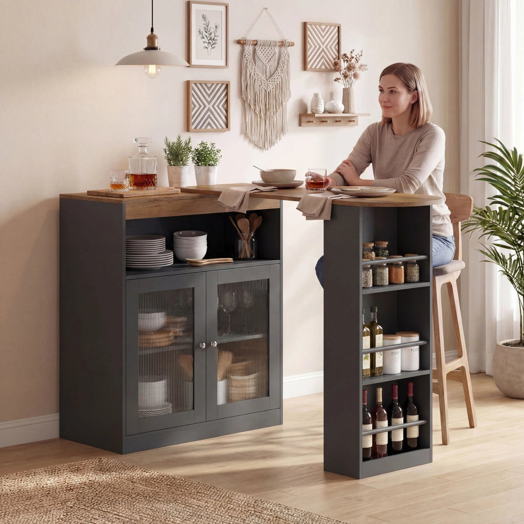 Tavolo da Pranzo Allungabile Girevole 90¡ã con Ripiani e 2 Ante in Vetro ¨C Xylo ¨C 150x80x105,5 cm Nero e Naturale