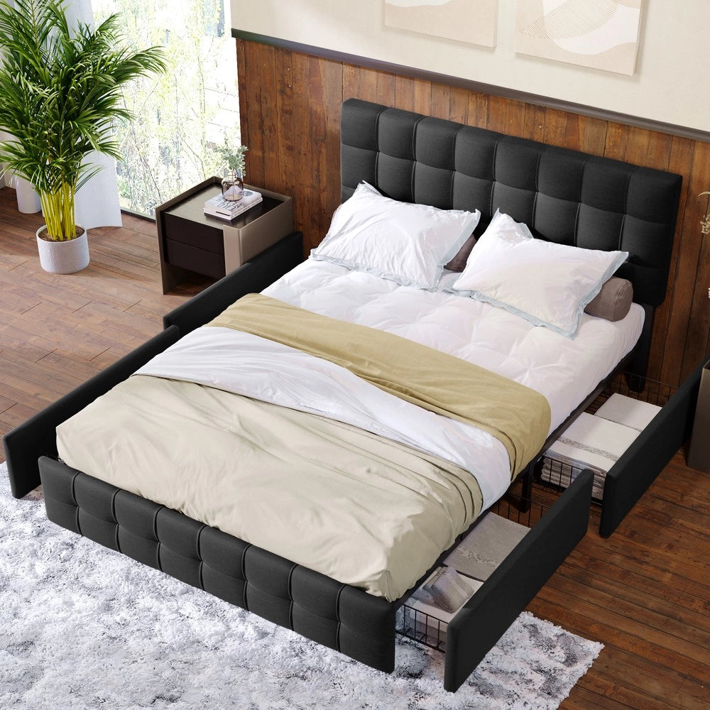 Letto Contenitore Imbottito con 4 Cassetti e Testiera ¨C Xylo ¨C Tessuto Nero 140x200