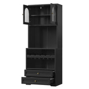 Credenza con ante in vetro; LED e USB; ripiani regolabili; cassetti; per cucina e soggiorno; MDF nero; 70 × 40 × 180 cm