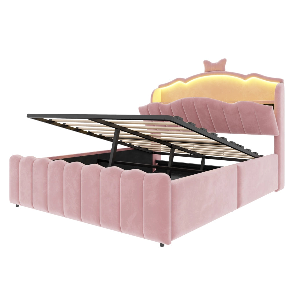DESMIU Litto bambini 140 × 200 cm con contenitore idraulico, USB, Type-C, LED, senza materasso, rosa