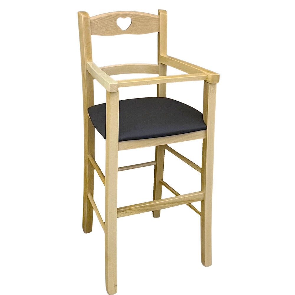 Seggiolone in legno color naturale con seduta imbottita in similpelle marrone