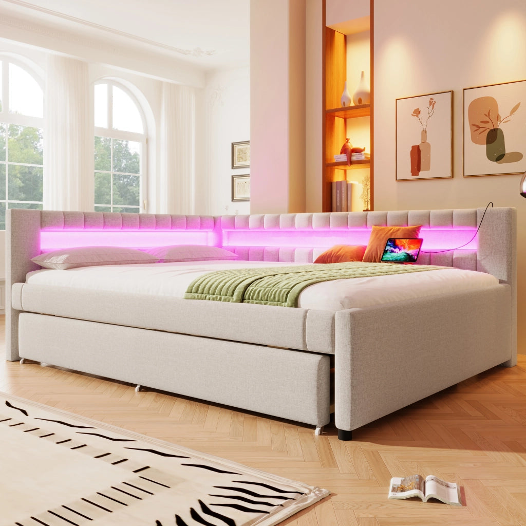 Daybed in lino beige 140x200 con LED telecomandato e letto estraibile USB/Type-C