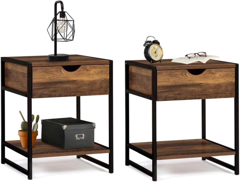 IDMarket - Set di 2 comodini Hawkins, Legno Scuro, Design Industriale
