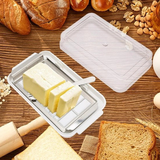 Contenitore in acciaio inossidabile per burro e formaggio con coperchio trasparente - contenitore per burro - accessori per la cucina per uso domestico - contenitore per burro con fori (piattaforma bianca) .