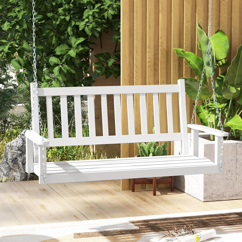 Altalena sospesa in legno per 2/3 persone con catene in metallo zincato regolabili e resistenti, con schienale a doghe e seduta per patio giardino (136 x 67 x 63 cm, bianco)