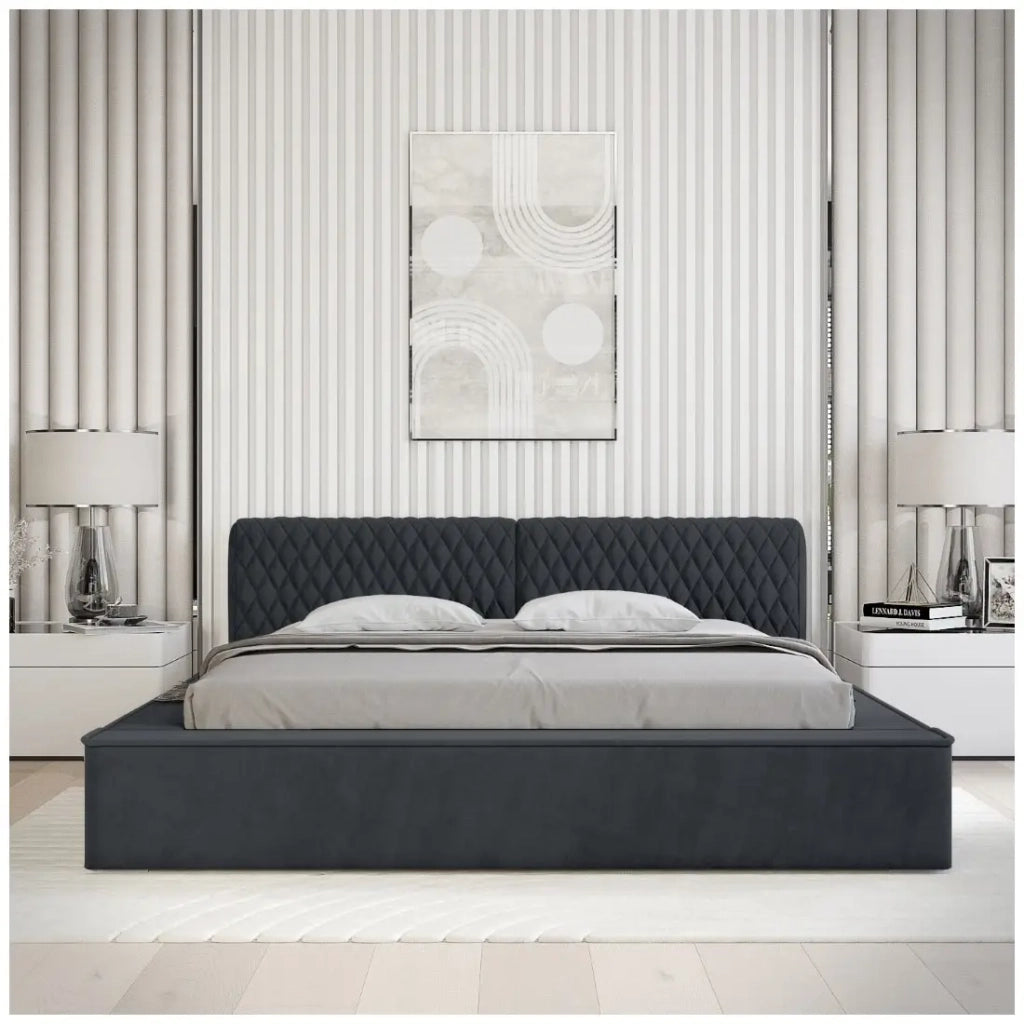 Lettino VERNON – Tessuto in ciniglia bouclé Blu carbone – 160x200 cm – Rete sollevabile – Design di alta gamma