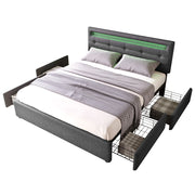 Letto con 4 Cassetti 140 x 200 cm; Matrimoniale; Testiera Regolabile e LED; senza Materasso; Grigio
