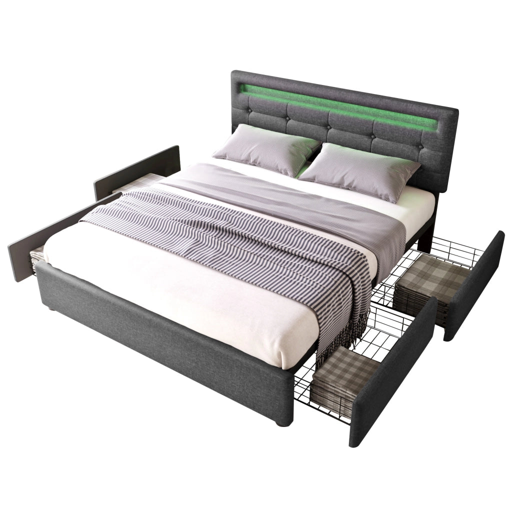 Letto con 4 Cassetti 140 x 200 cm; Matrimoniale; Testiera Regolabile e LED; senza Materasso; Grigio