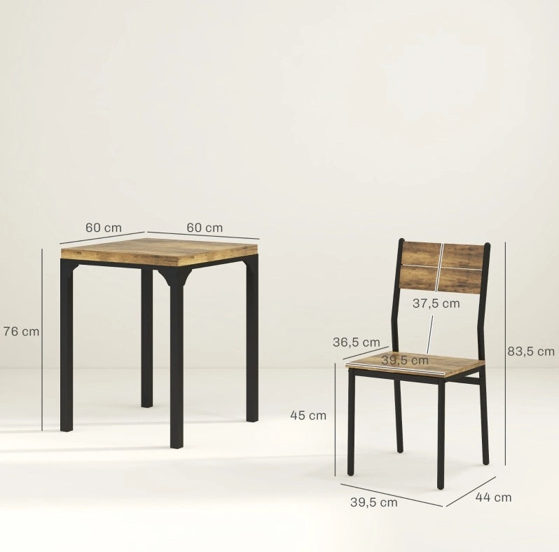 Set da pranzo 3 pezzi con tavolo e 2 sedie in MDF e metallo marrone