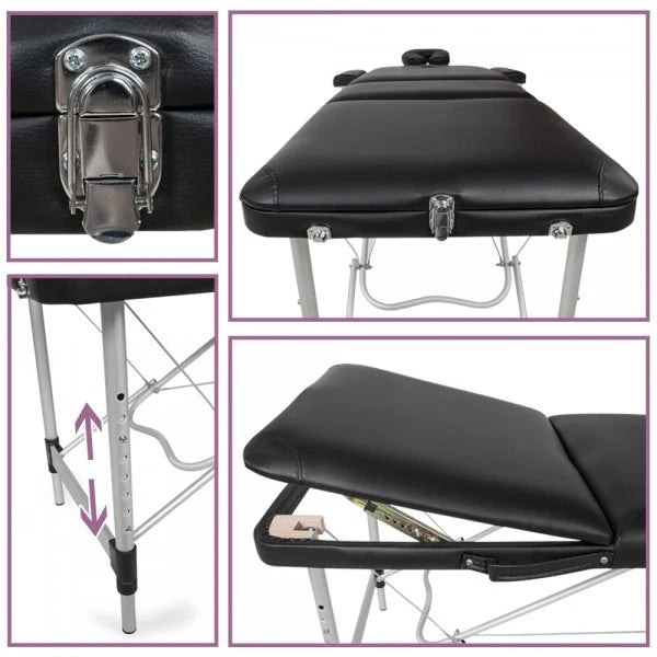 Lettino da massaggio pieghevole con imbottitura spessa 3 sezioni struttura in alluminio portatile copertura nera 08_0000451