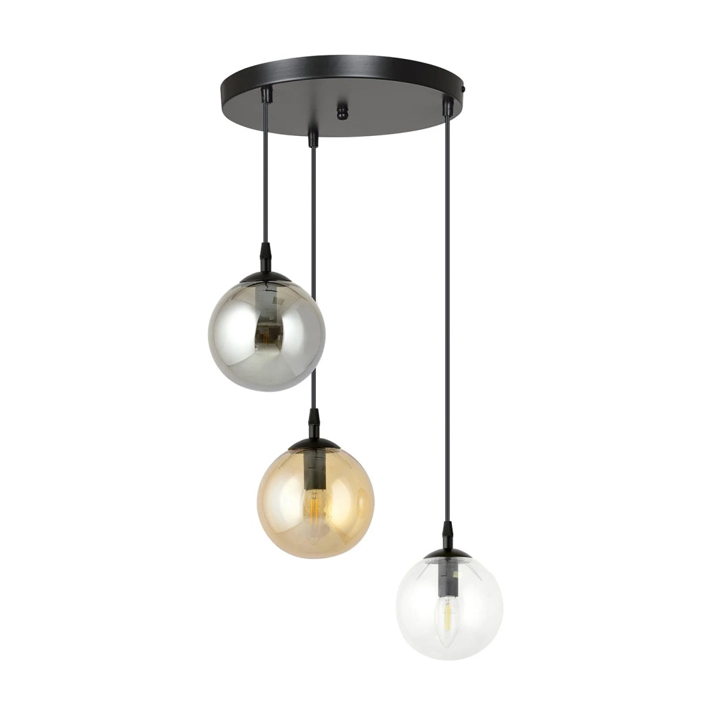 Sospensione 3 Luci Kali In Acciaio Nero Base Tonda E Sfere In Vetro Multicolor