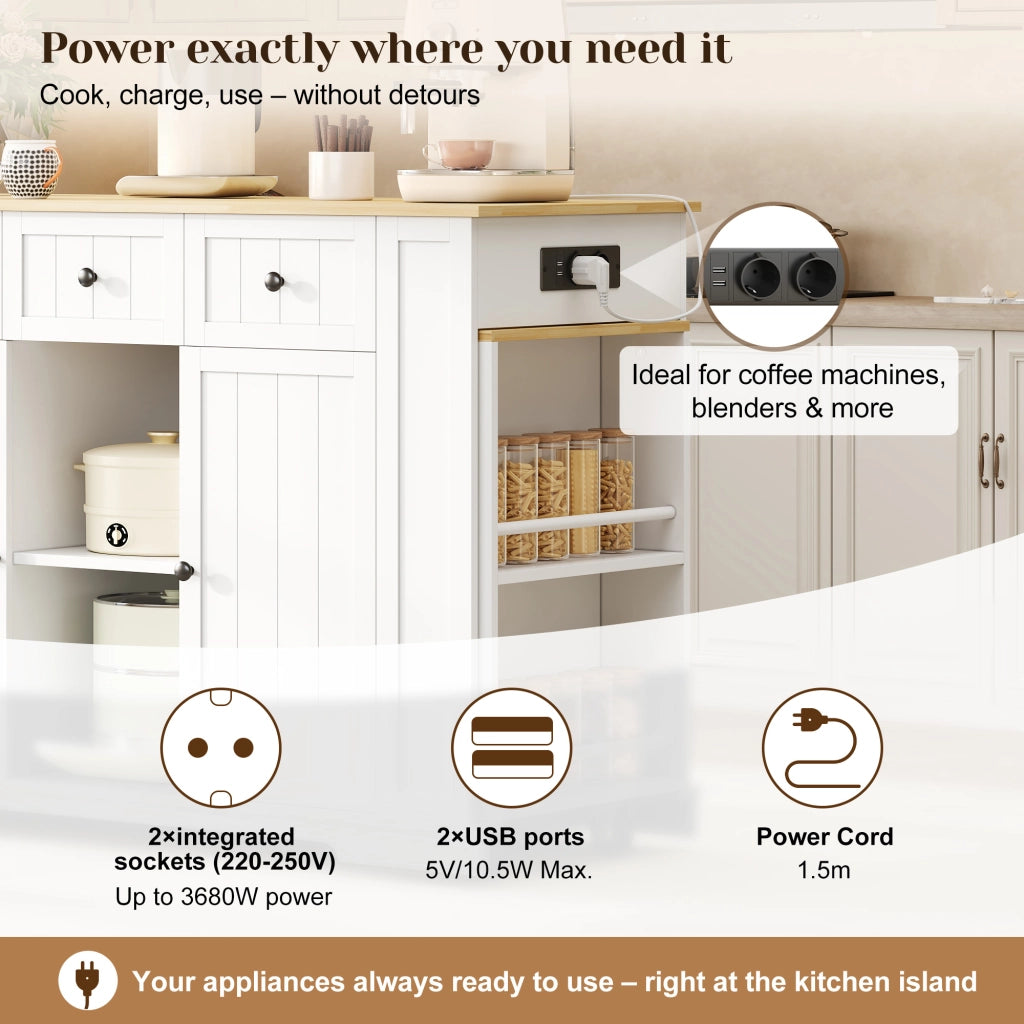 Carrello da cucina con tavolo estraibile, 2 ante, 2 cassetti, prese EU e USB, bianco naturale, 138 × 55 × 93 cm