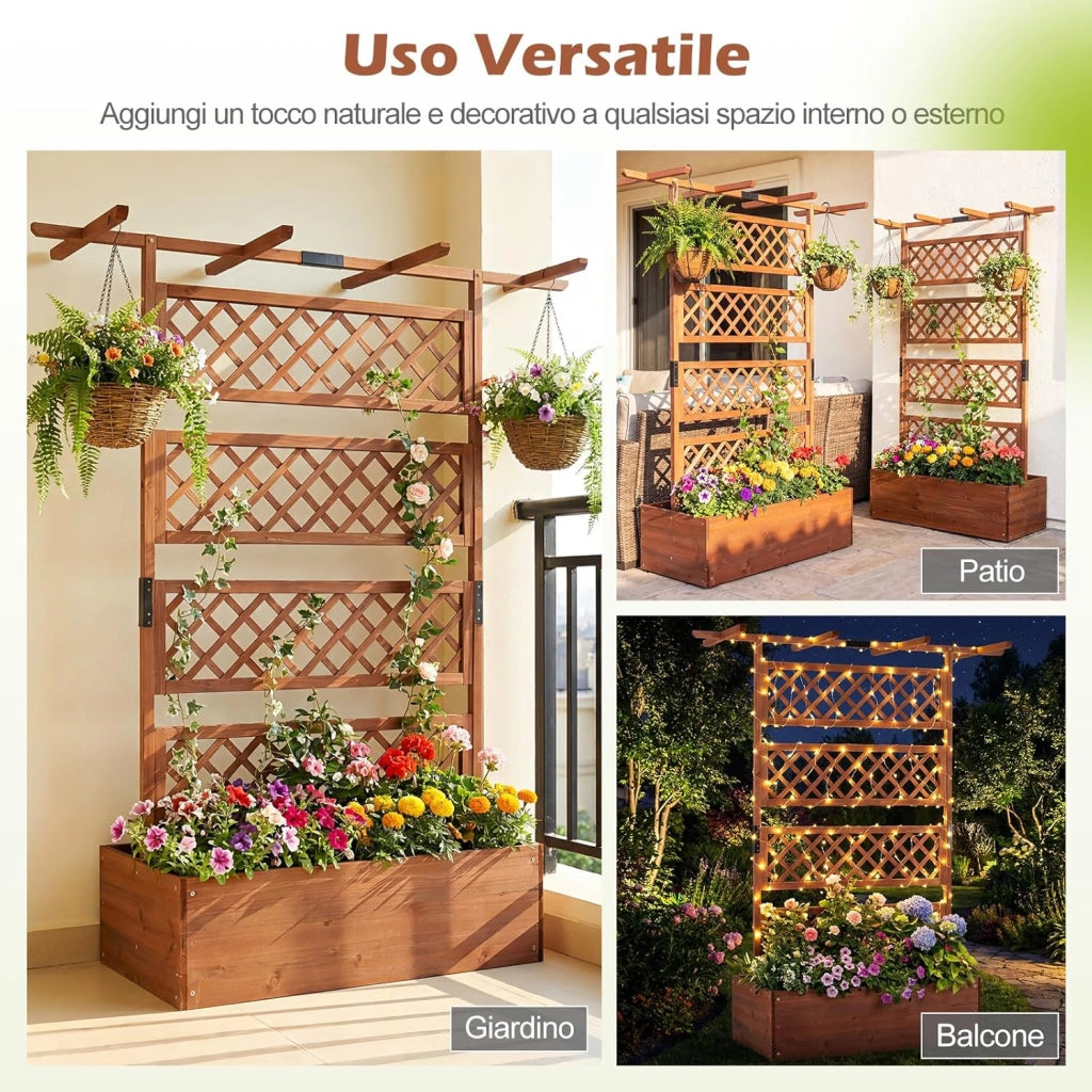 Letto da Giardino con Traliccio, Fioriera Rialzata in Legno con Spalliera, Fori di Drenaggio e Fondo Rimovibile, Aiuola Elevata con Griglia per Piante Rampicanti e Verdure