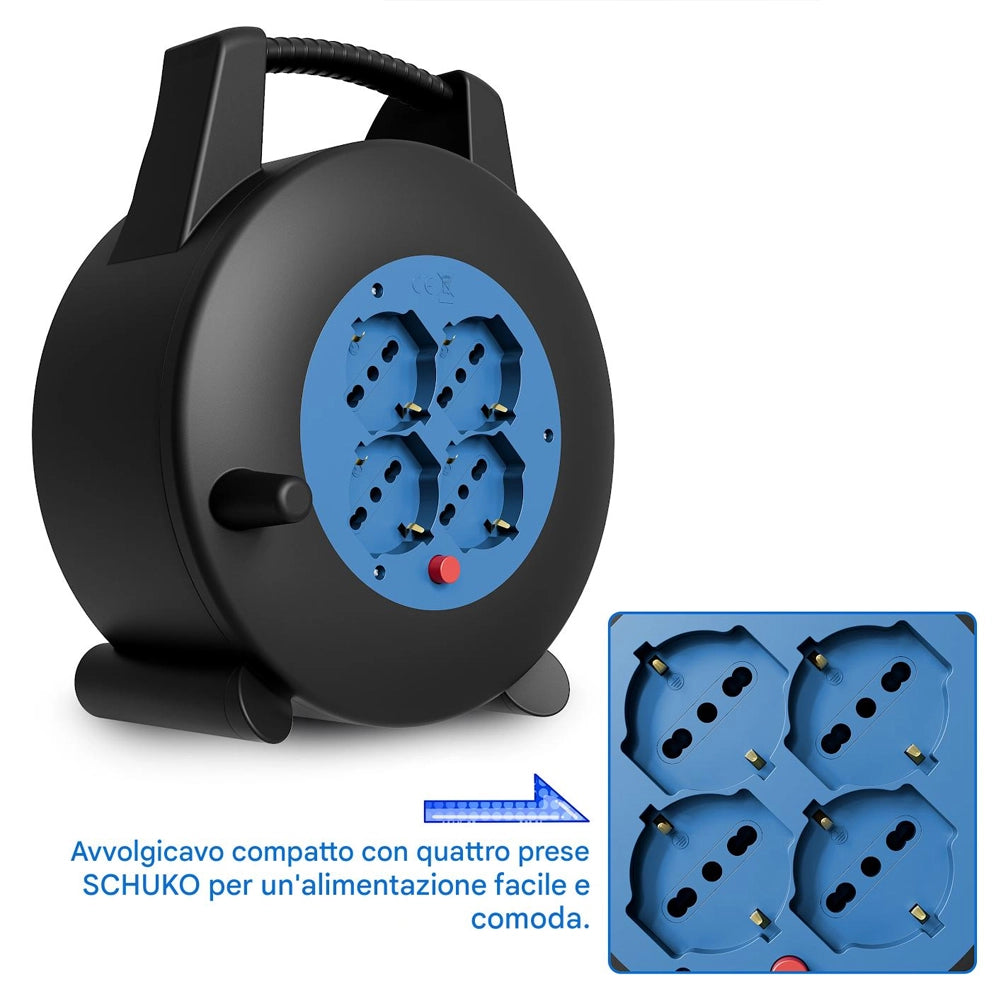 Avvolgicavo Multipresa 12 Metri con Interruttore di Protezione Prolunga 4 Prese