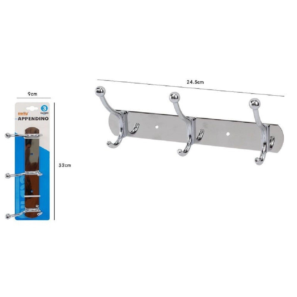 Trade Shop - Appendino Appendi Abiti Multiuso Con 3 Ganci Finitura Cromo Lucido 24,5 Cm 52670 -