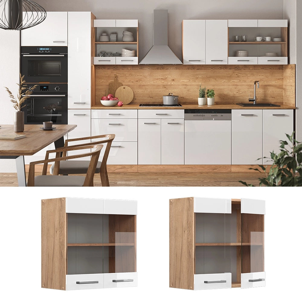 Mobile da cucina in vetro R-Line Bianco lucido/Rovere dorato 60 cm Vicco