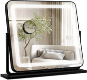 Specchio per Trucco, Specchio da Tavolo con luci LED a 3 Colori, Luminosità Regolabile e Controllo Intelligente a Sfioramento, Ruotabile a 360° con Ingrandimento 5X, 50x44 cm