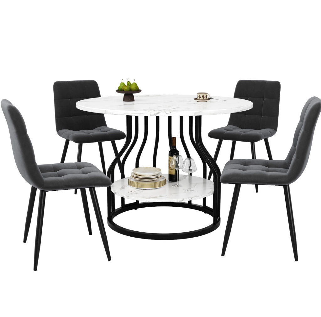 Set tavolo rotondo 80 cm con 4 sedie in velluto grigio e metallo