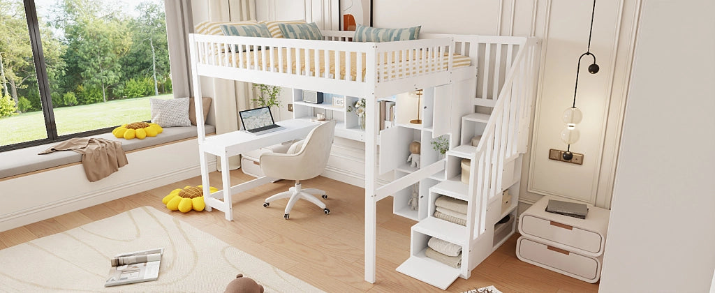 DESMIU Letto a Soppalco Singolo con LED, Scala Contenitore e Scrivania 140 × 200 cm, Senza Materasso, Bianco