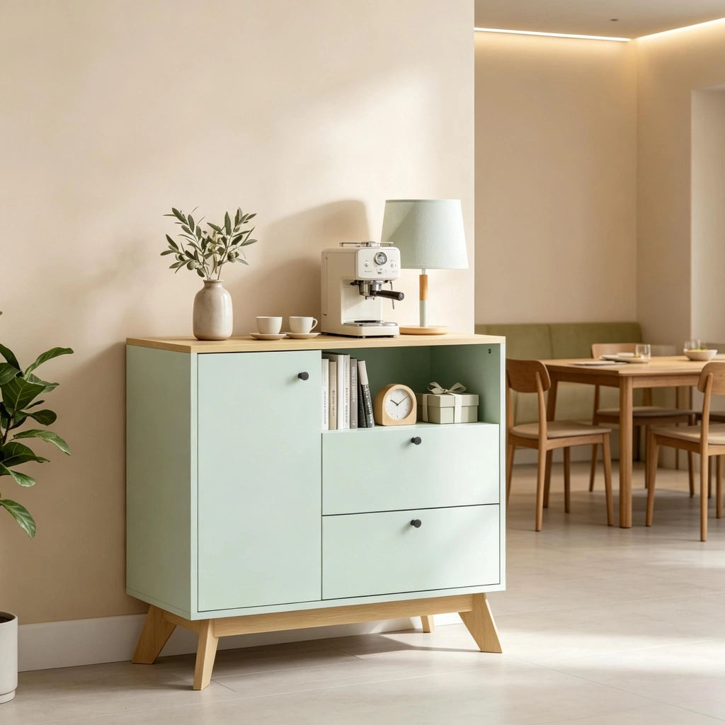 Buffet da salotto in MDF con 1 armadio, 2 cassetti e vano aperto, colore verde chiaro e rovere