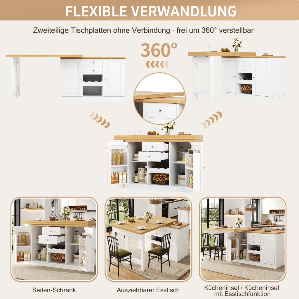 TAVOLO Isola cucina allungabile 120-197 cm 360° MDF Bianco
