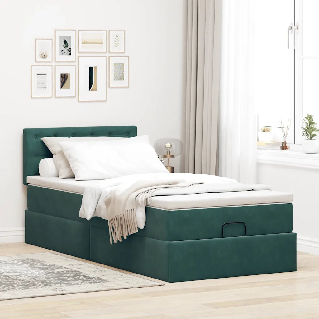 Pouf Letto con Materasso e LED Verde Scuro 90x200cm in Velluto 3312743