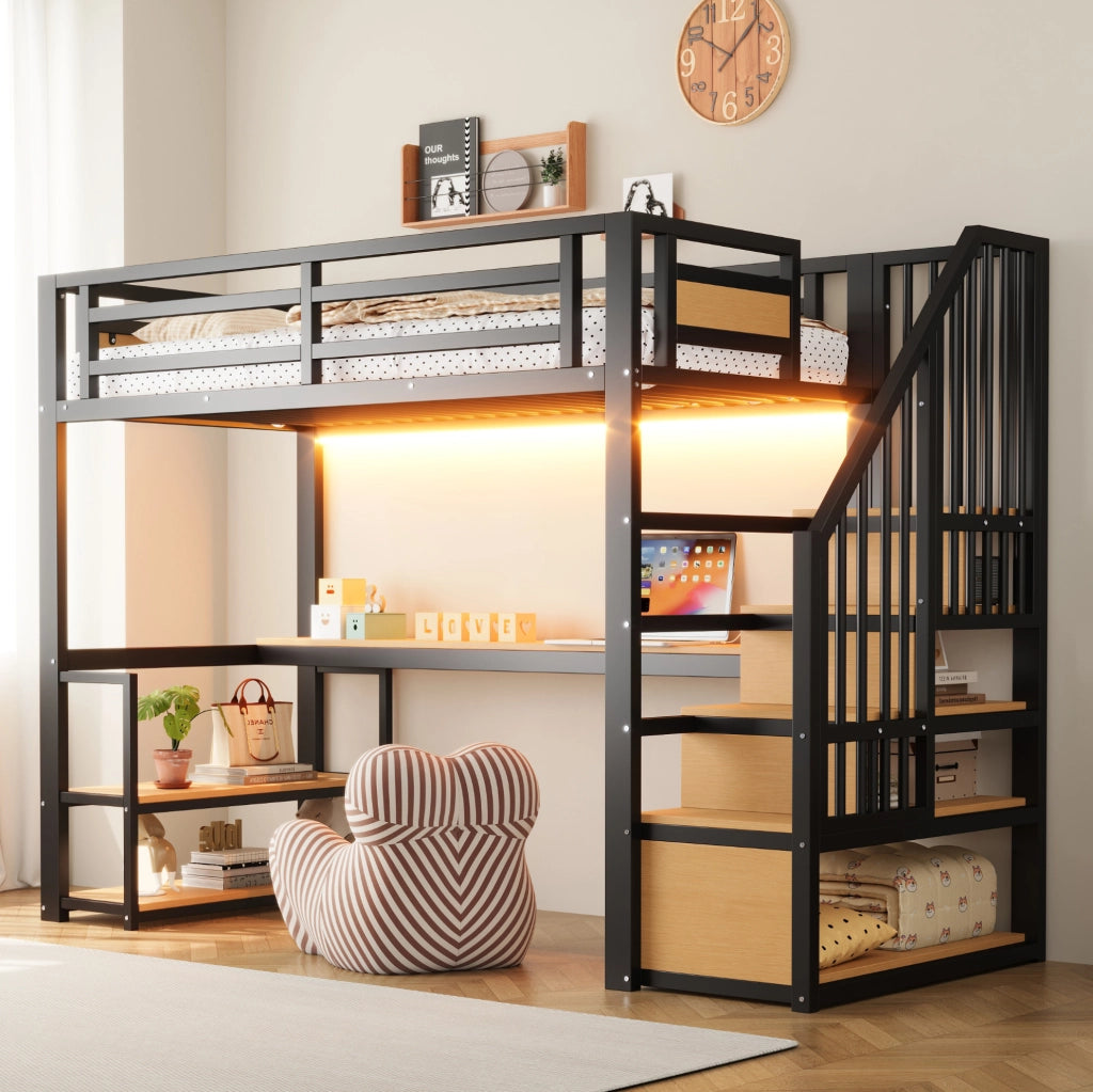 Letto a soppalco 90x200 cm in metallo nero con scala contenitore; scrivania e scaffali