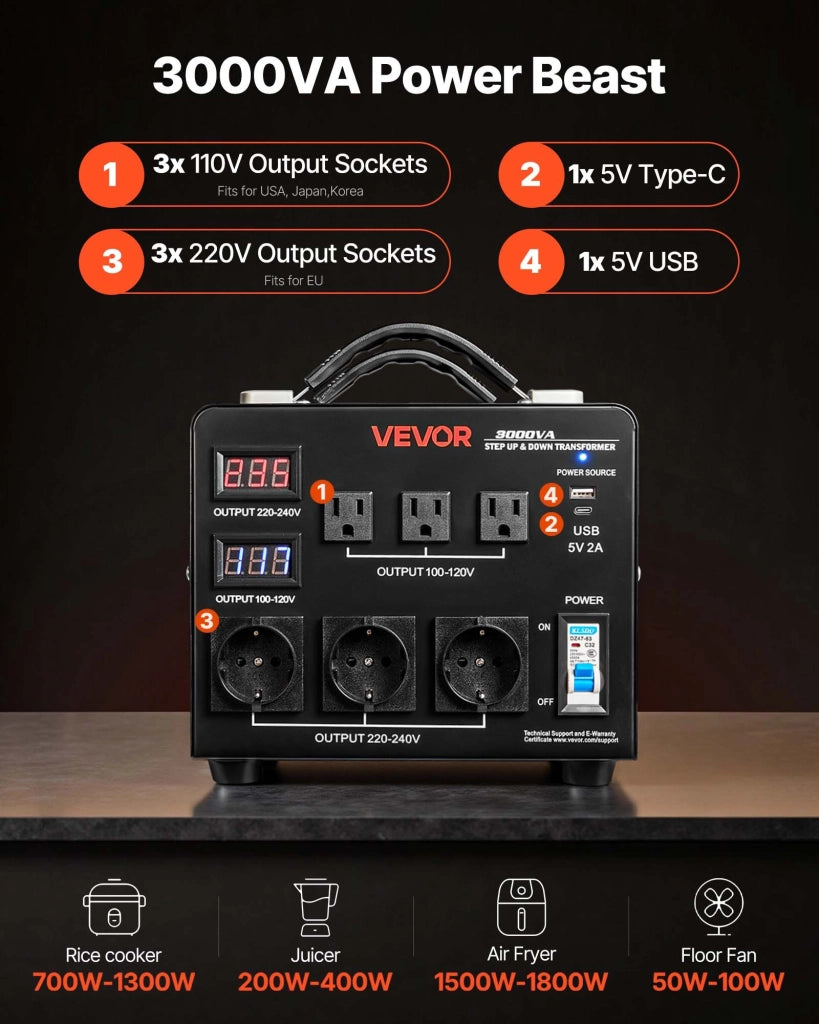 Trasformatore di Tensione Automatico 3000 VA 110V 220V Step-Up Step-Down, Convertitore con 3 Prese USA 3 Prese UE e Display LCD