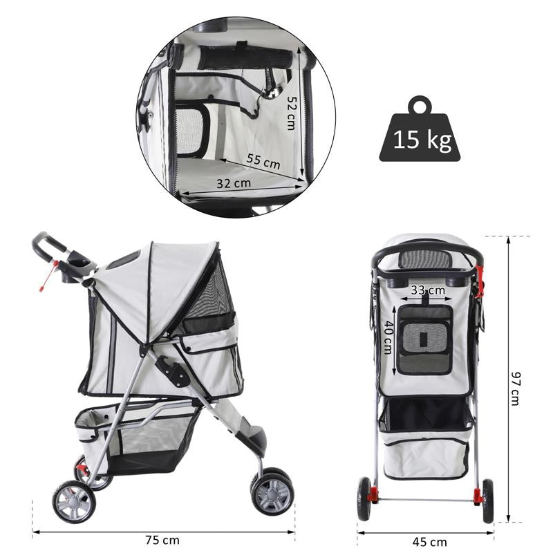 PASSEGGINO PER CANI CARRELLO PER ANIMALI DOMESTICI, GRIGIO, 75 X 45 X 97CM