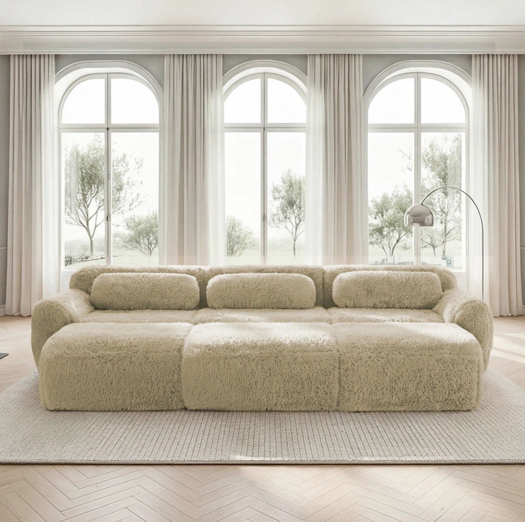 Divano modulare 3 posti con 3 pouf 291x179x73 cm in tessuto peluche; light khaki